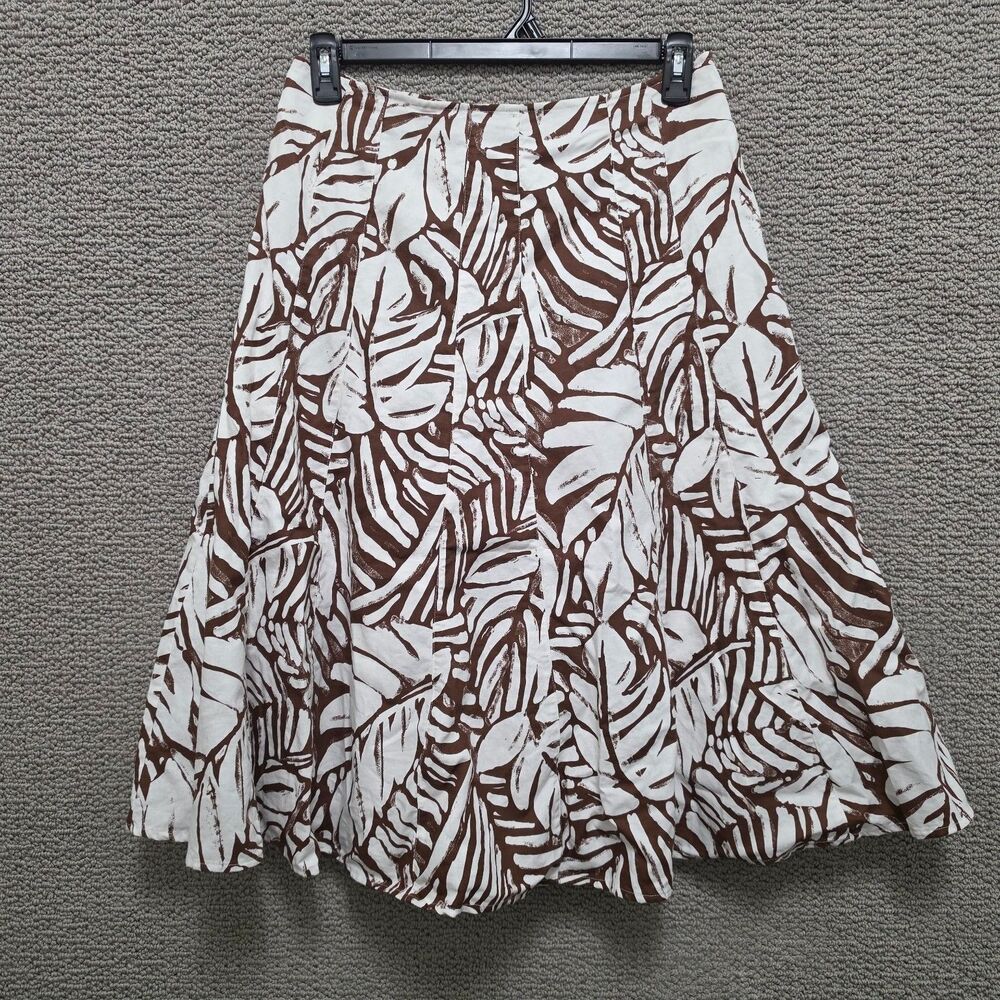 COLDWATER CREEK Women's White Brown Leaf Print A-Line Midi Skirt Size M